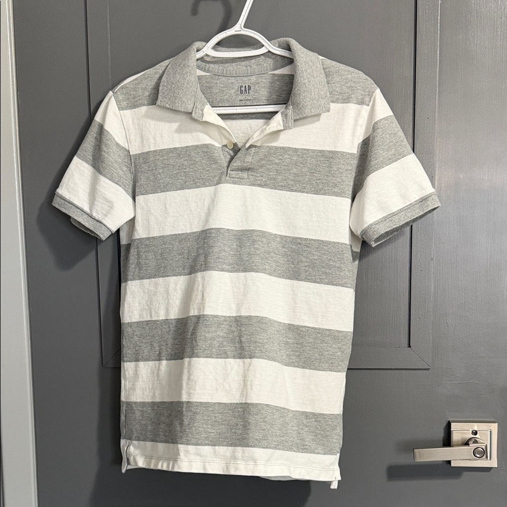 GAP Heather Gray and White Striped Polo